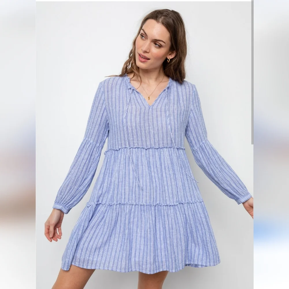 Rails Everly Ludlow Stripe Tiered Dress Rayon Linen Blue White S